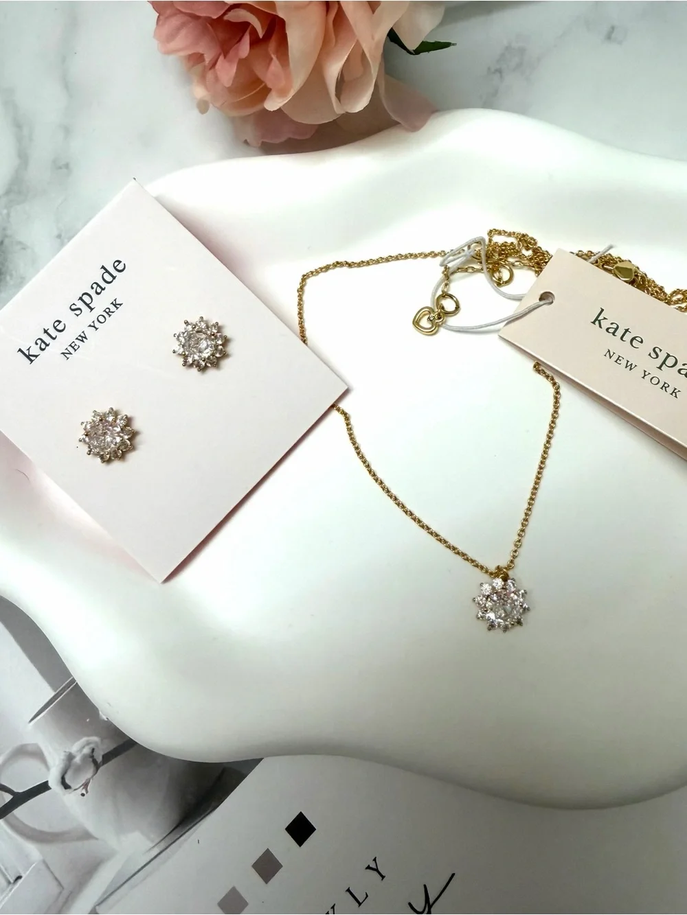 kate spade gold crystal floral necklace & stud earring set